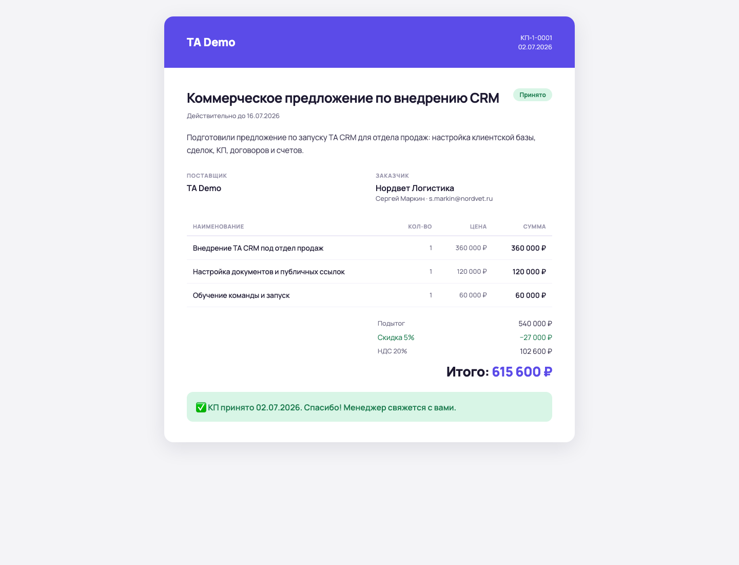 Публичное КП TA CRM с заказчиком, позициями, скидкой, НДС, итоговой суммой и статусом принятия